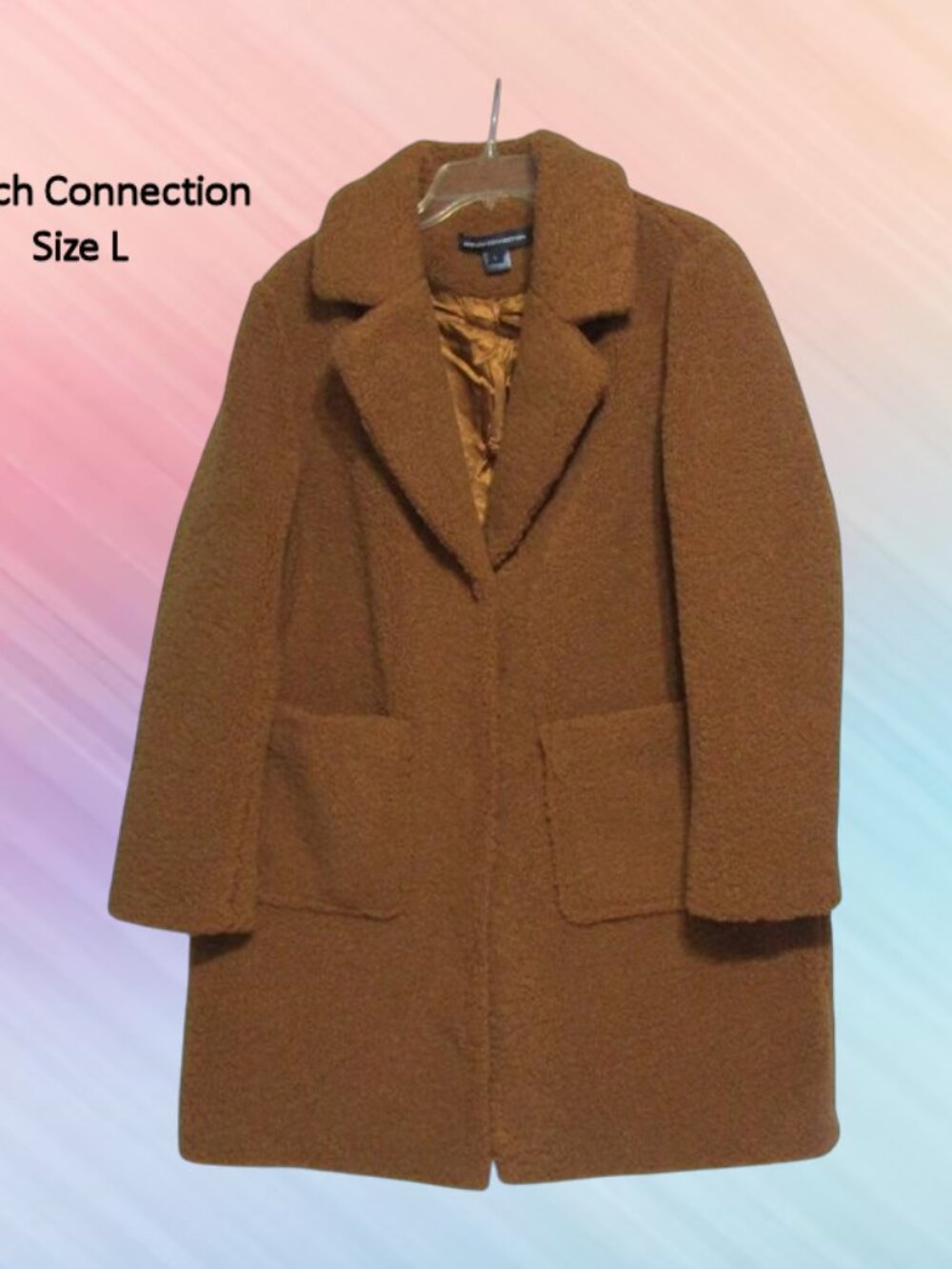 French Connection brown camel teddy faux fur boucle coat size L notched lapel